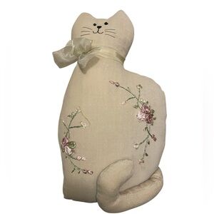 VTG Beige Cat 11.5” Pillow Decorative Kitty With Pink Embroidered Flowers Bow